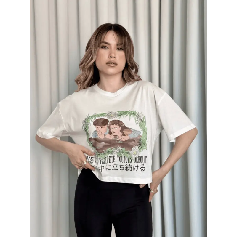 Oversize Beyaz baskılı crop tişört - Özer&Hermin