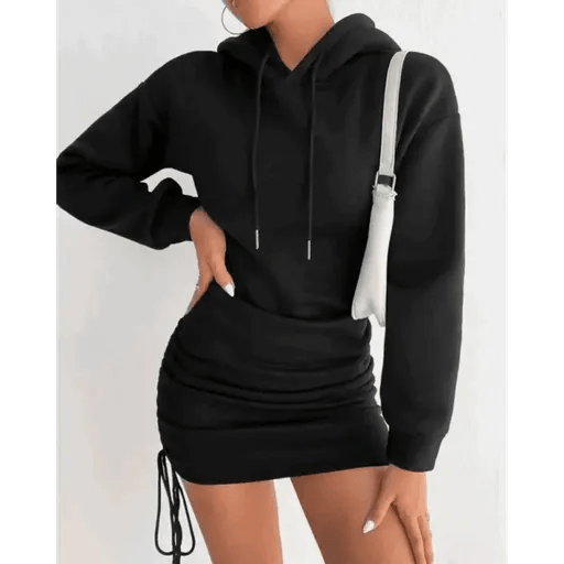 Sardonlu Siyah Mini Elbise - Kapşonlu ve Şık Tasarım - ÖZER&HERMİN