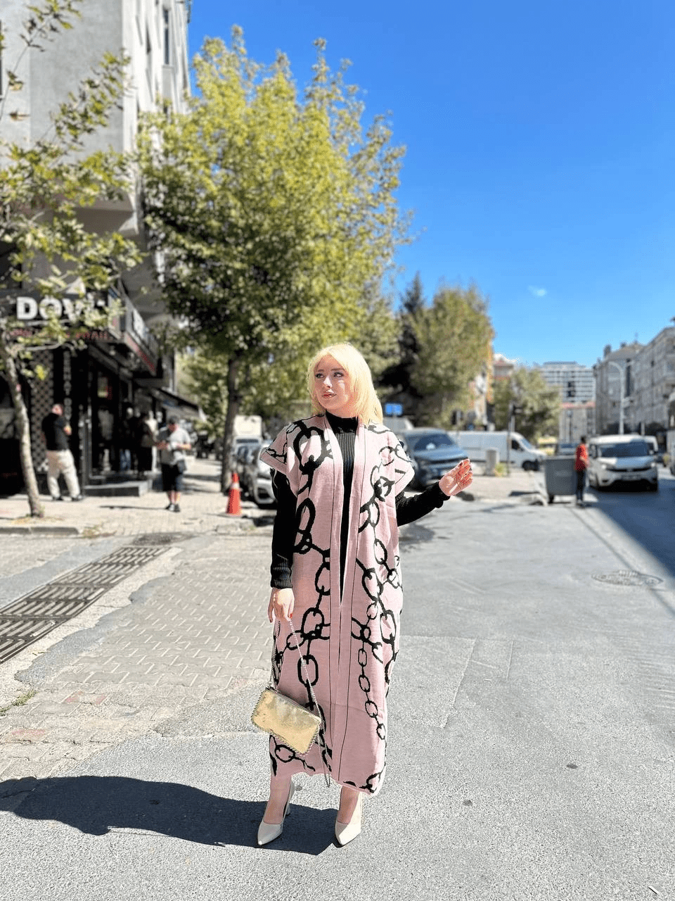 Siyah Cizgi Desenli Elbiseli Hirka - Pudra Siyah - ÖZER&HERMİN