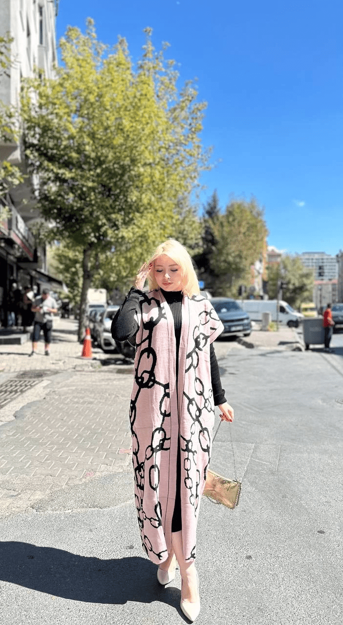 Siyah Cizgi Desenli Elbiseli Hirka - Pudra Siyah - ÖZER&HERMİN