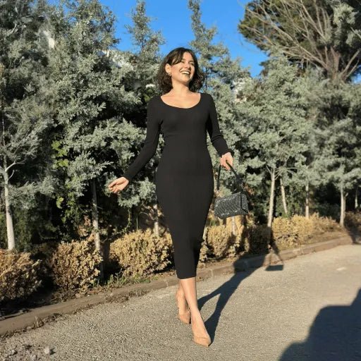 V Yaka Midi Elbise Uzun Kollu ve Şık Midi Boy - ÖZER&HERMİN