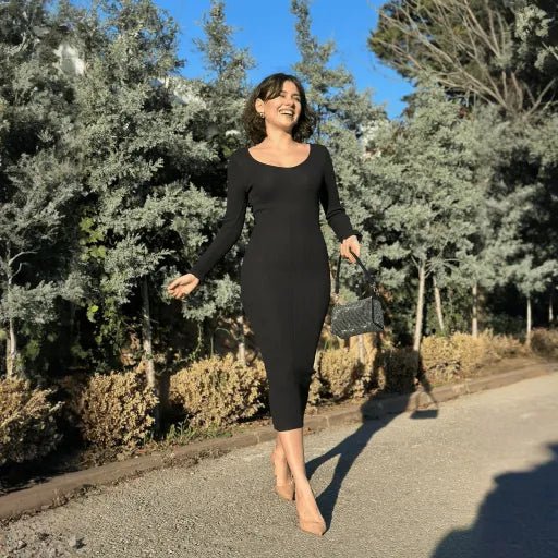 V Yaka Midi Elbise Uzun Kollu ve Şık Midi Boy - ÖZER&HERMİN