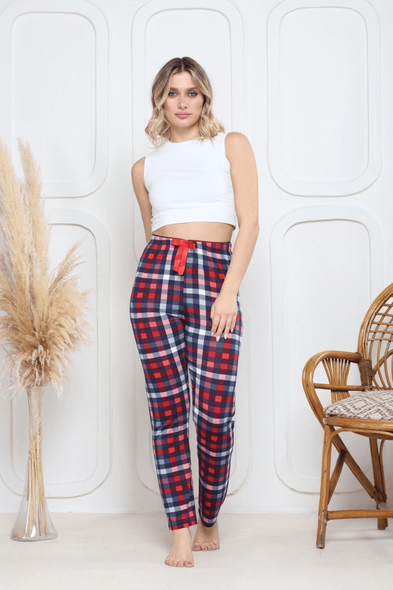 Viskon likralı alt pijama ekose pembe baskı desenli - ÖZER&HERMİN