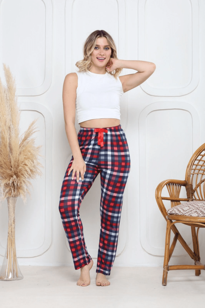 Viskon likralı alt pijama ekose pembe baskı desenli - ÖZER&HERMİN