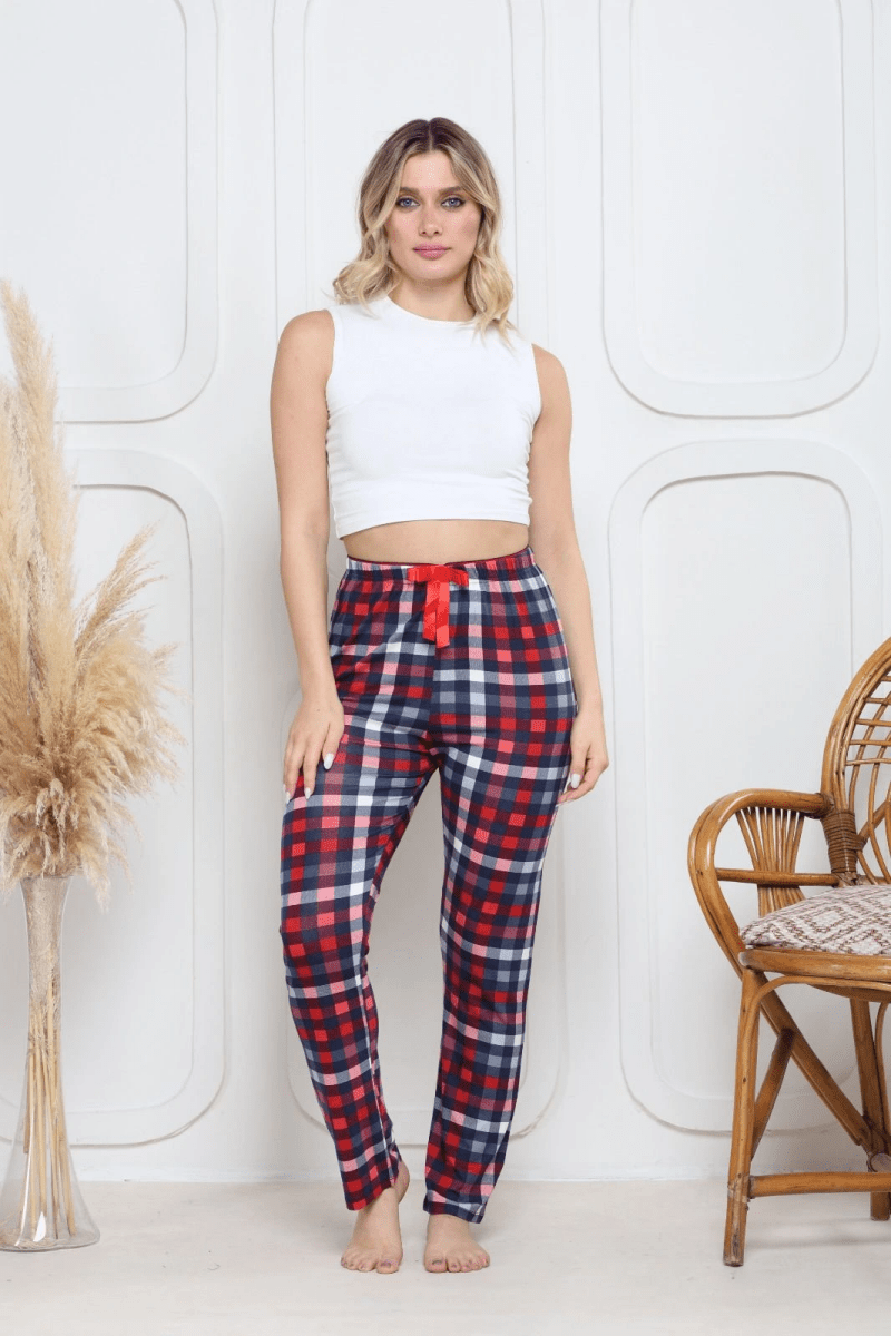 Viskon likralı alt pijama ekose pembe baskı desenli - ÖZER&HERMİN