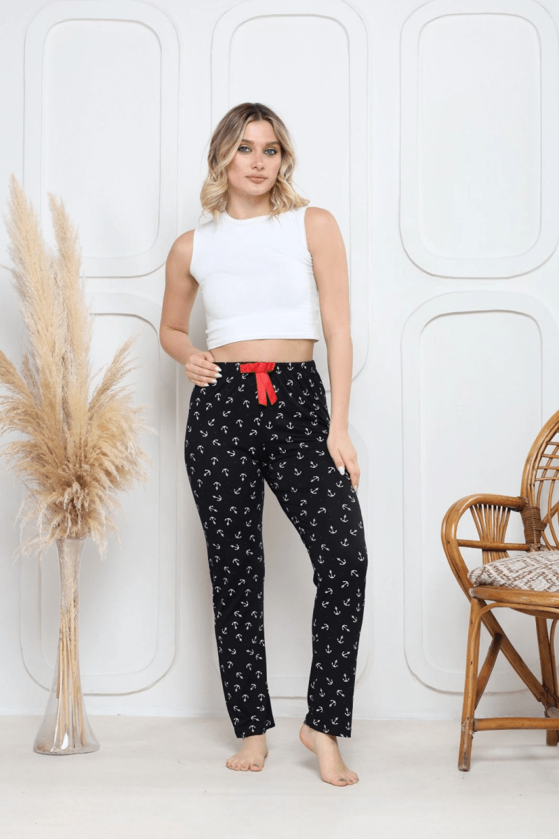 Viskon likralı alt pijama gri üzerine pembe baskı desenli - ÖZER&HERMİN