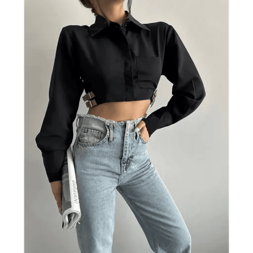 Yani Kemer Detayli Crop Gomlek - Şık ve Modern Tasarım - ÖZER&HERMİN