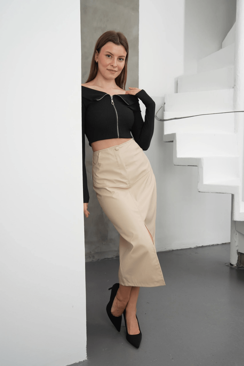 Yırtmaçlı uzun deri etek bordo - ÖZER&HERMİN