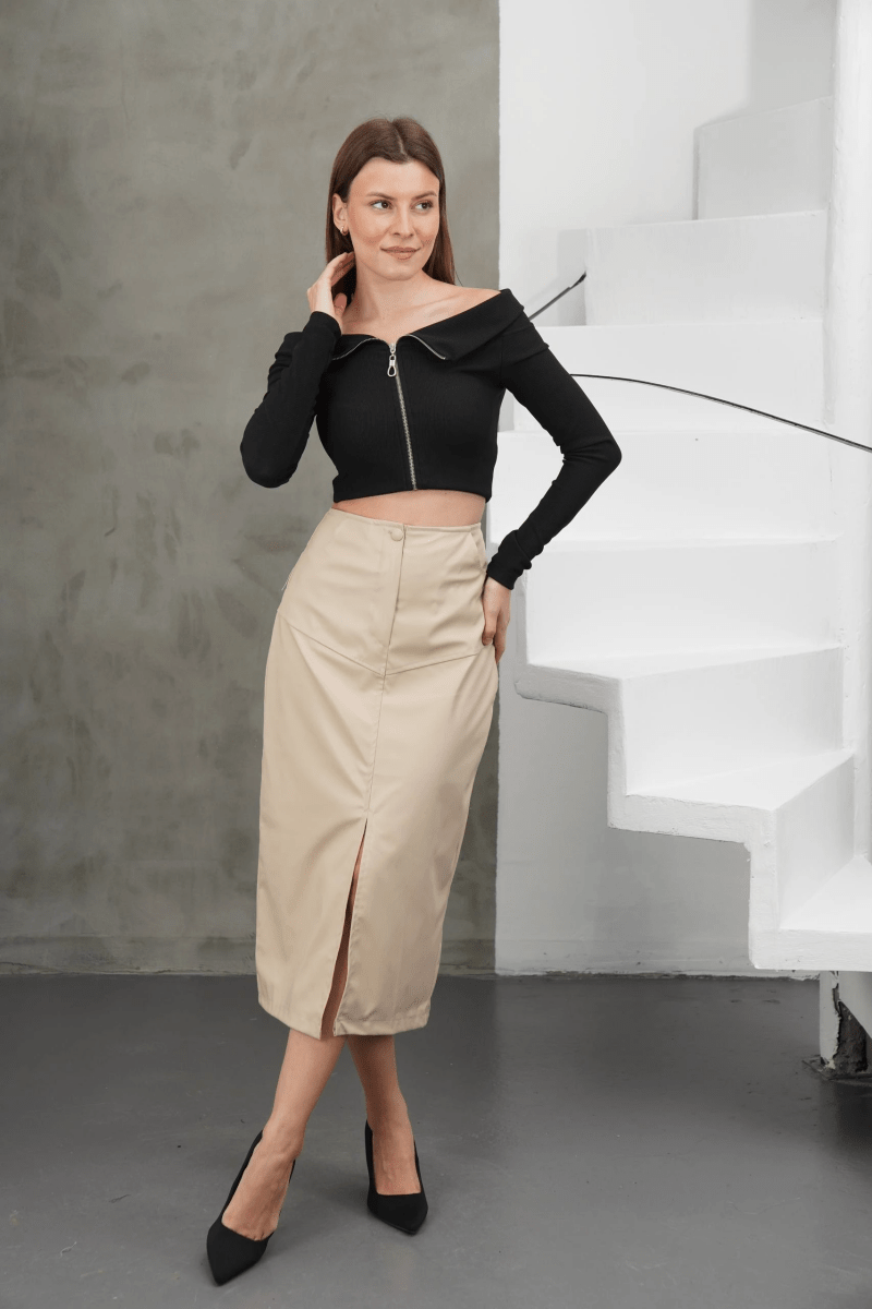 Yırtmaçlı uzun deri etek bordo - ÖZER&HERMİN