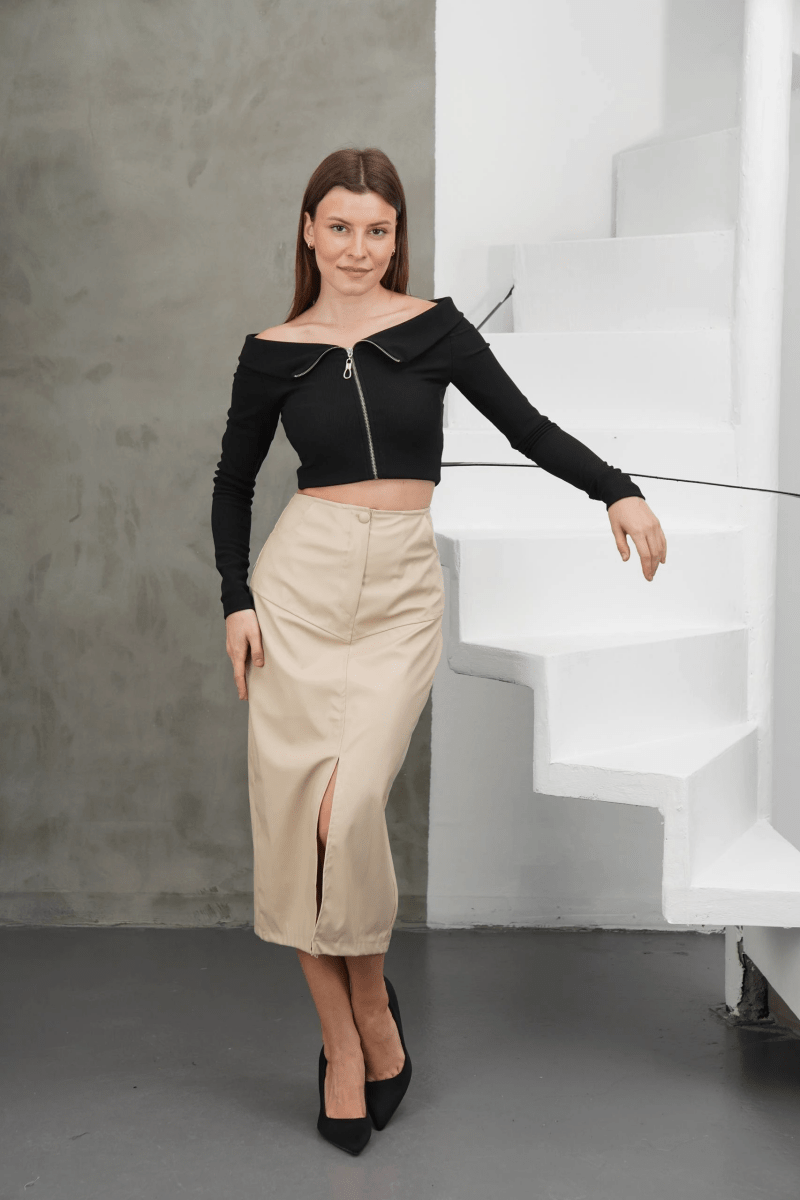 Yırtmaçlı uzun deri etek bordo - ÖZER&HERMİN