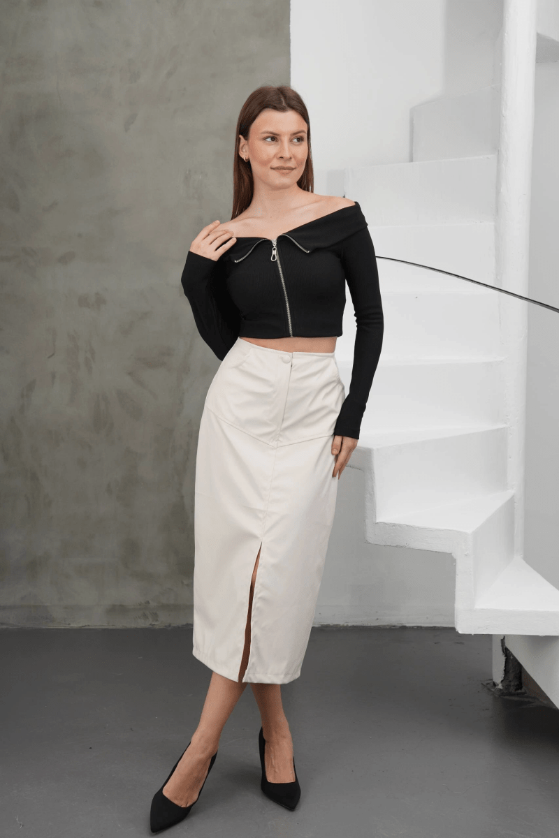 Yırtmaçlı uzun deri etek bordo - ÖZER&HERMİN