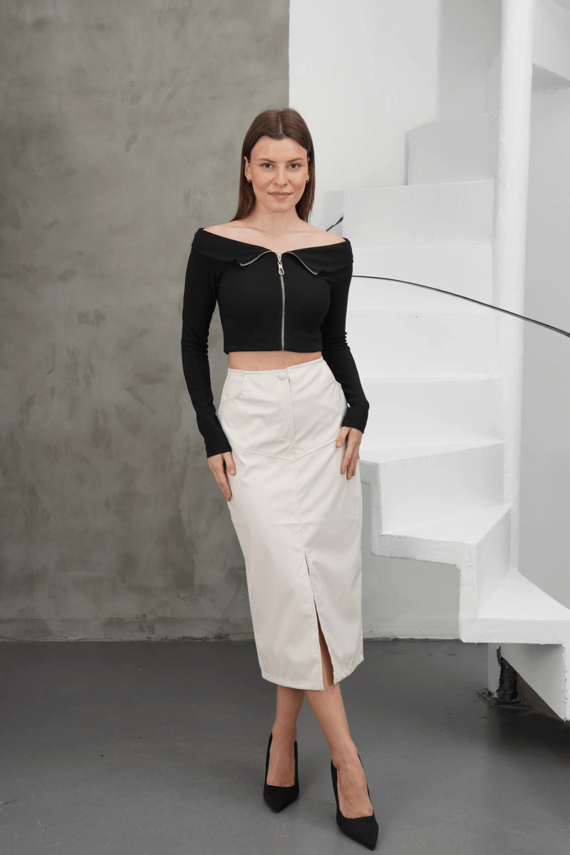 Yırtmaçlı uzun deri etek bordo - ÖZER&HERMİN