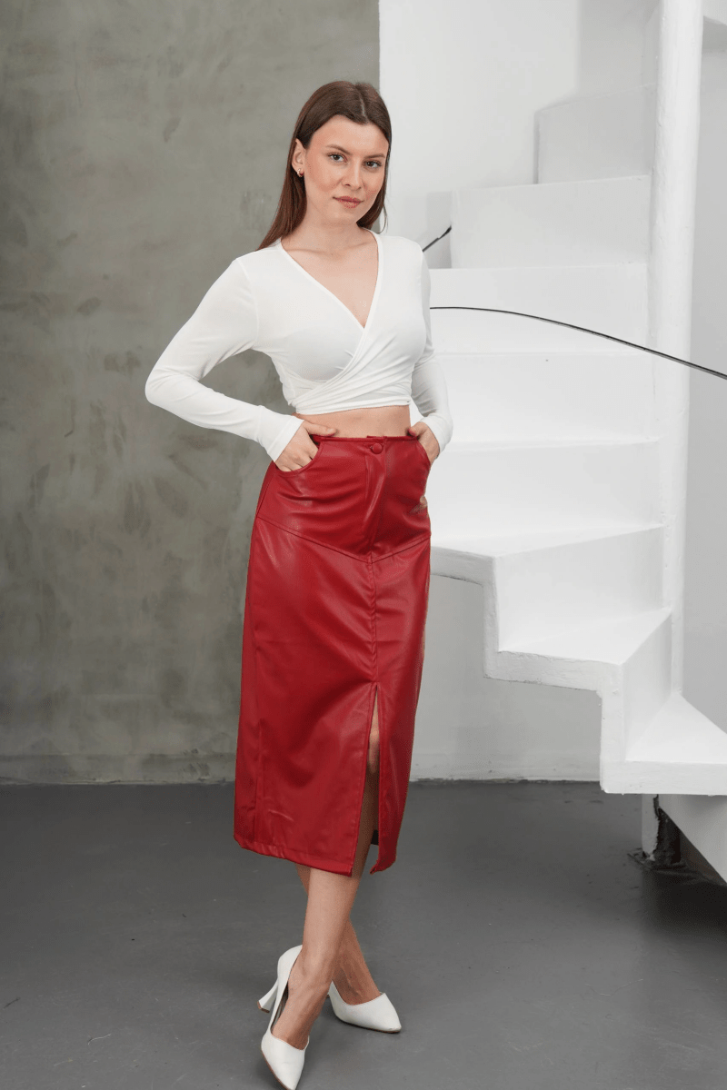 Yırtmaçlı uzun deri etek bordo - ÖZER&HERMİN